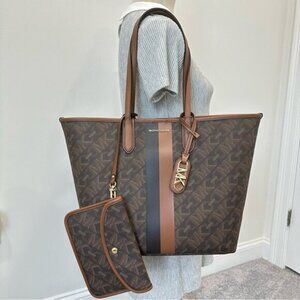 Michael Kors Empire Logo Eliza Large East West Open Tote with pouch wallet